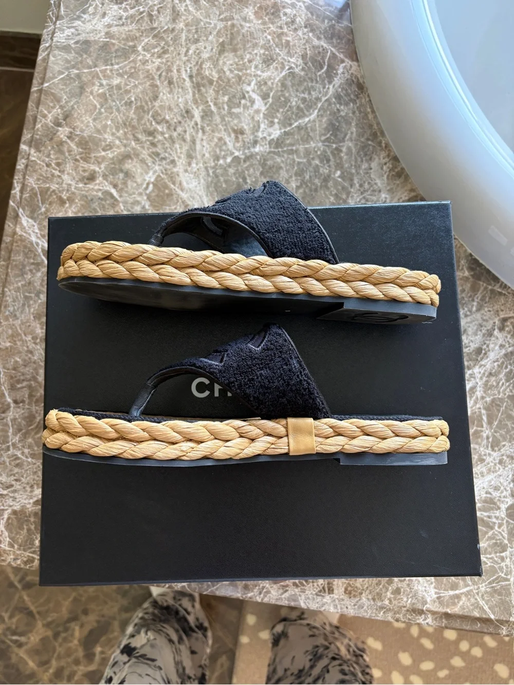 CHANEL Black and Natural Raffia Thong Sandals